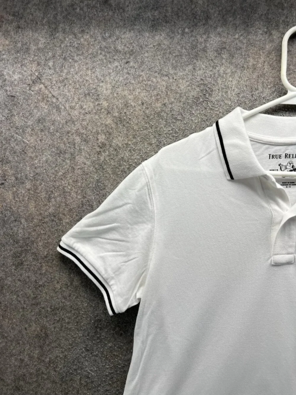 True Religion Polo Shirt Men Medium White Tipped Collar Logo Short Sleeve Casual